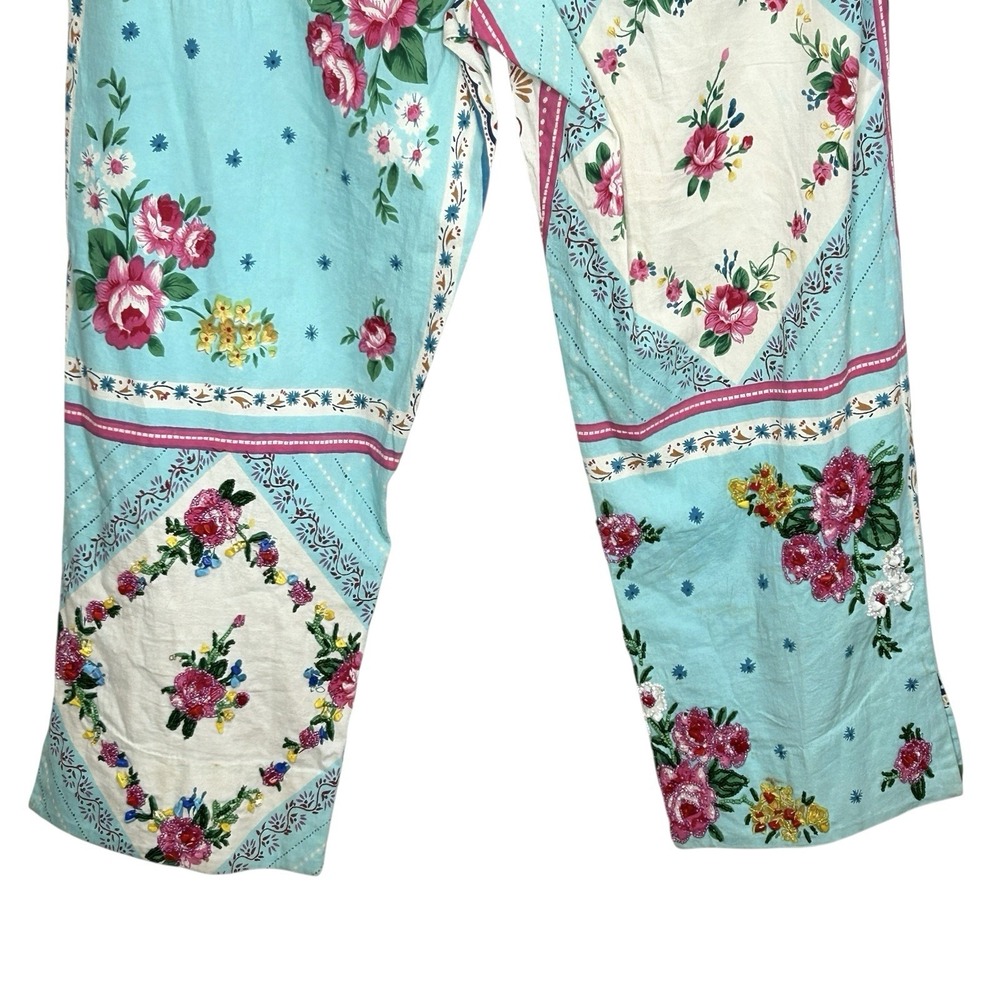 Ario Beaded Cropped Pants Large Boho Cottage Floral Art Patchwork Print Wide Leg - Picture 6 of 14
